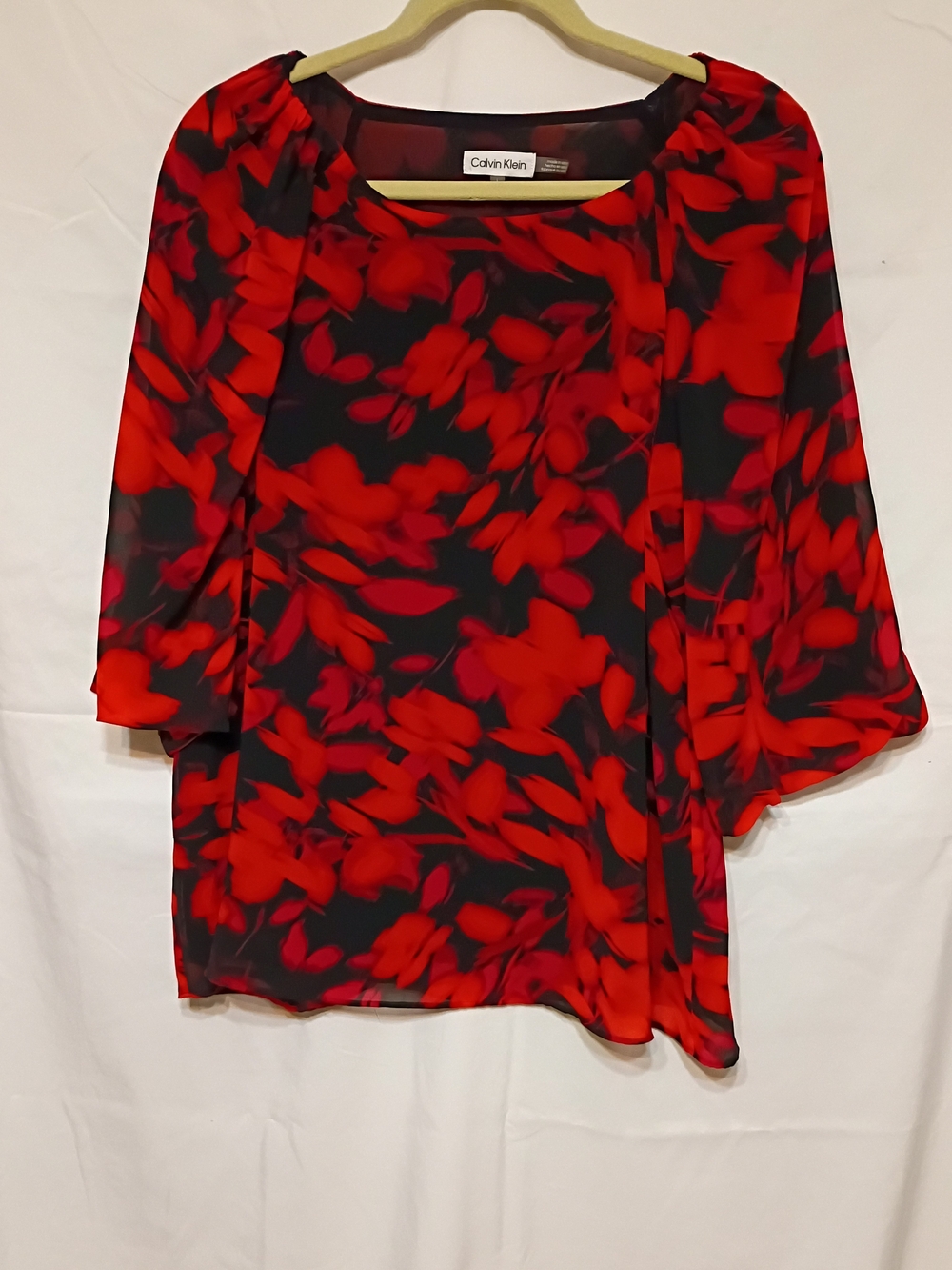 Calvin Klein Black Blouse with Red Floral Print - Women's Top L